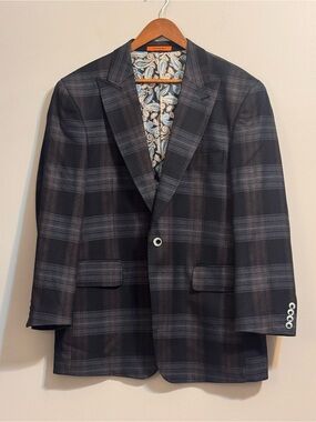 Statement Men’s 40R Plaid Blazer Sport Coat Paisley Lined Black Gray Brown